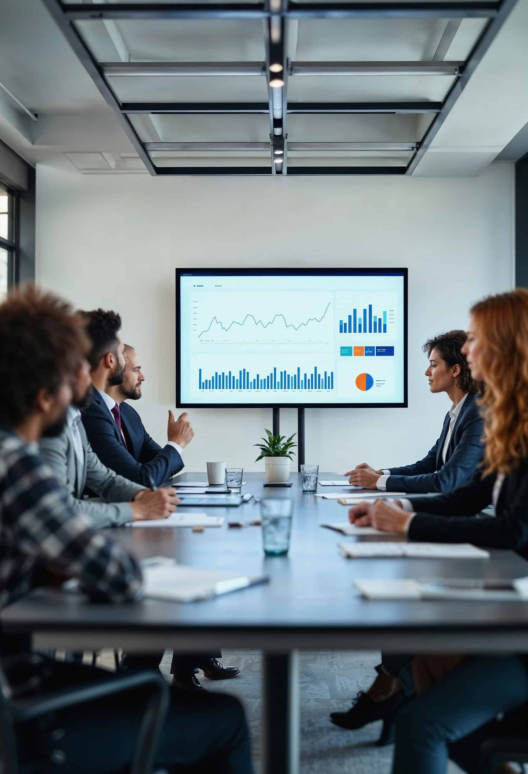 Pitch deck design albania by NVMax - corporate presentation meeting with financial charts and graphs