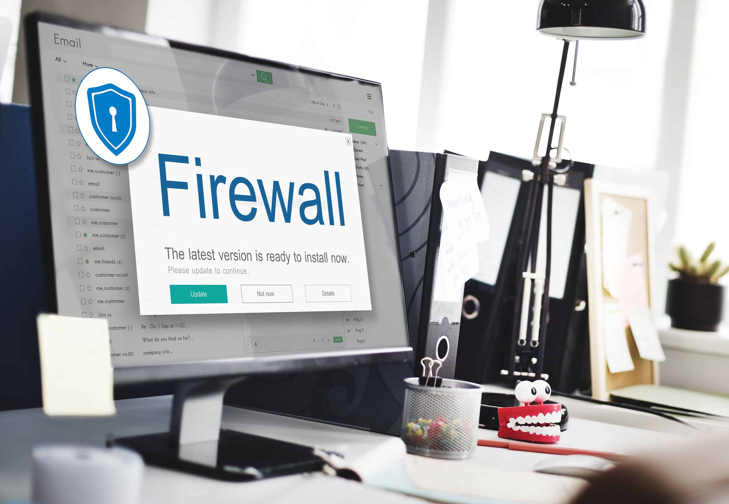 Web hosting security - firewall update screen showing enterprise-grade protection and cybersecurity features