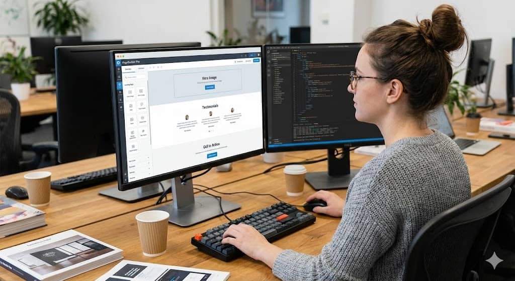 A professional digital strategist designing high-converting landing pages in Albania using a dual-monitor setup in a modern agency office.
